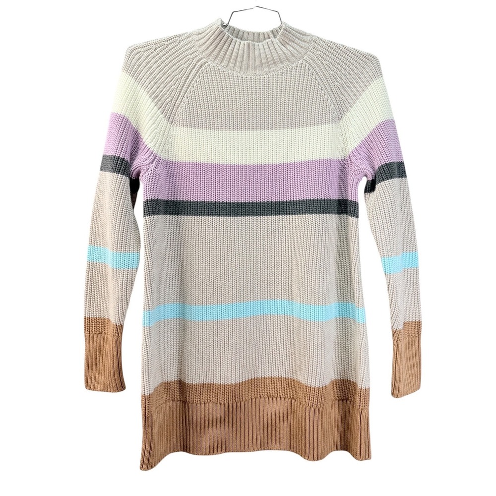 Lands End Drifter Sweater Women S (6/8) Striped Mock Neck Cotton Shaker Knit Top